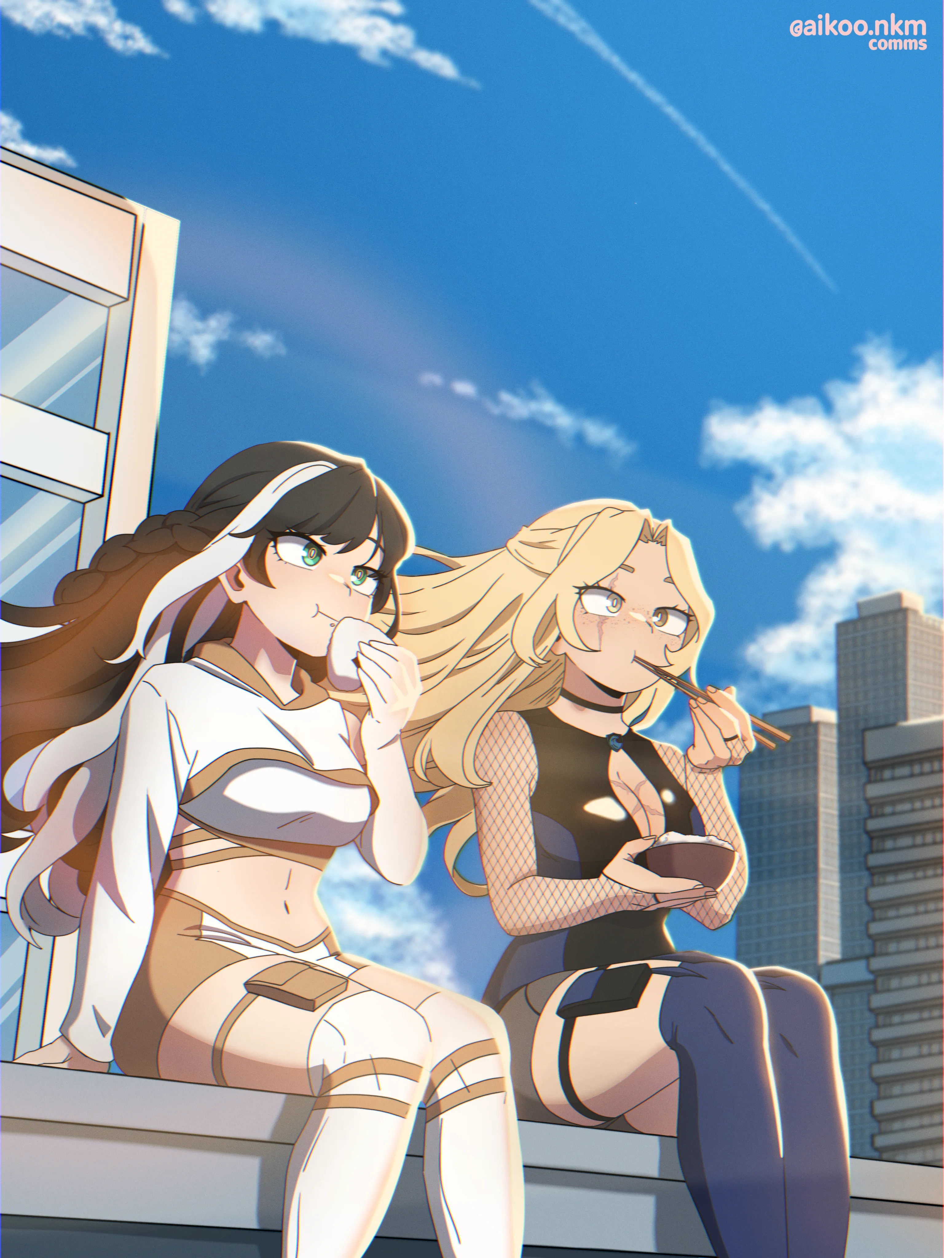 Two original characters sharing food on a rooftop